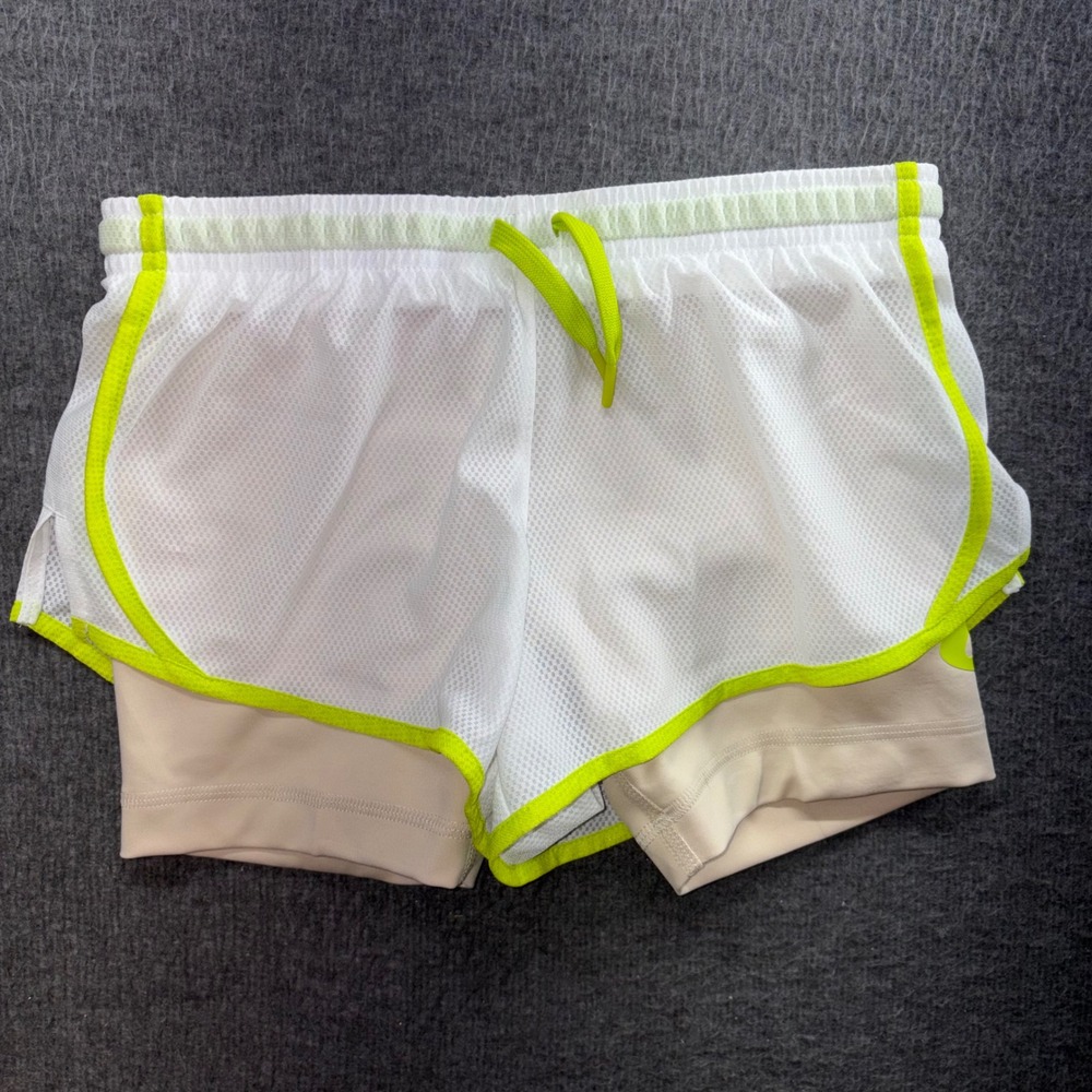 Nike Girls White Lime Green Dri-FIT 2-in-1 Training Shorts DO7119-100 Size S